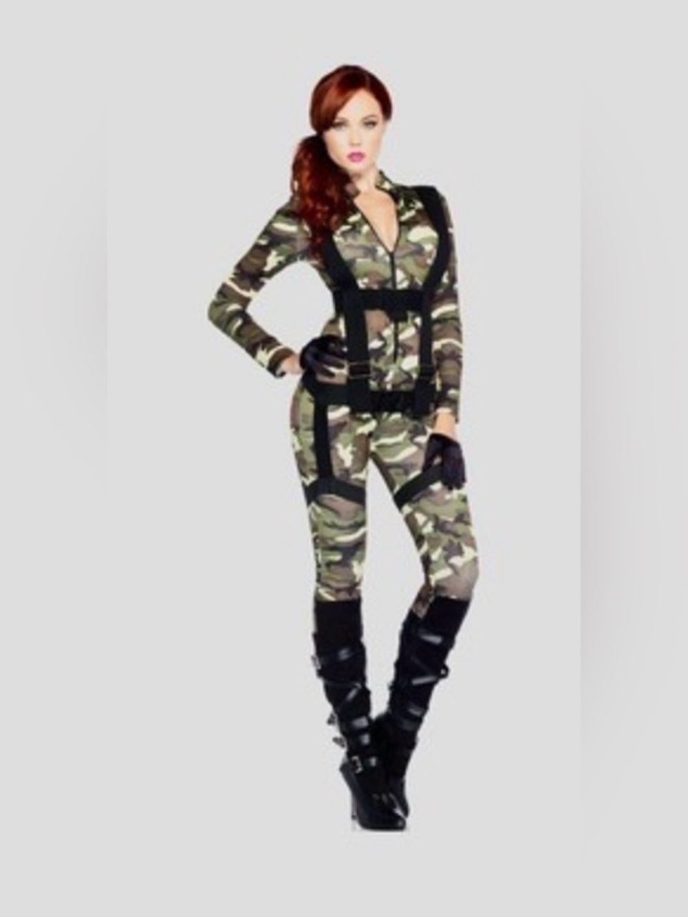 NWT Pretty Paratrooper Camo Zip-Front Women's Jumpsuit - Green Camouflage Costum